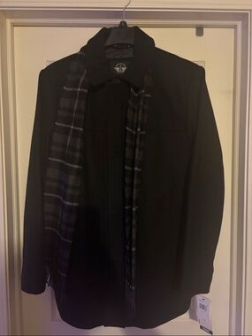 Dockers Black Pea Coat with Gray Plaid Scarf